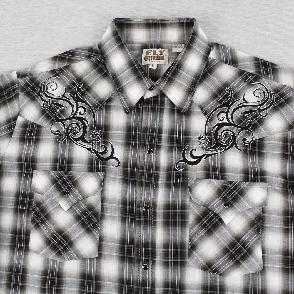 Ely Cattleman Pearl Snap Shirt Mens L Black White Plaid Long Sleeve Button Up